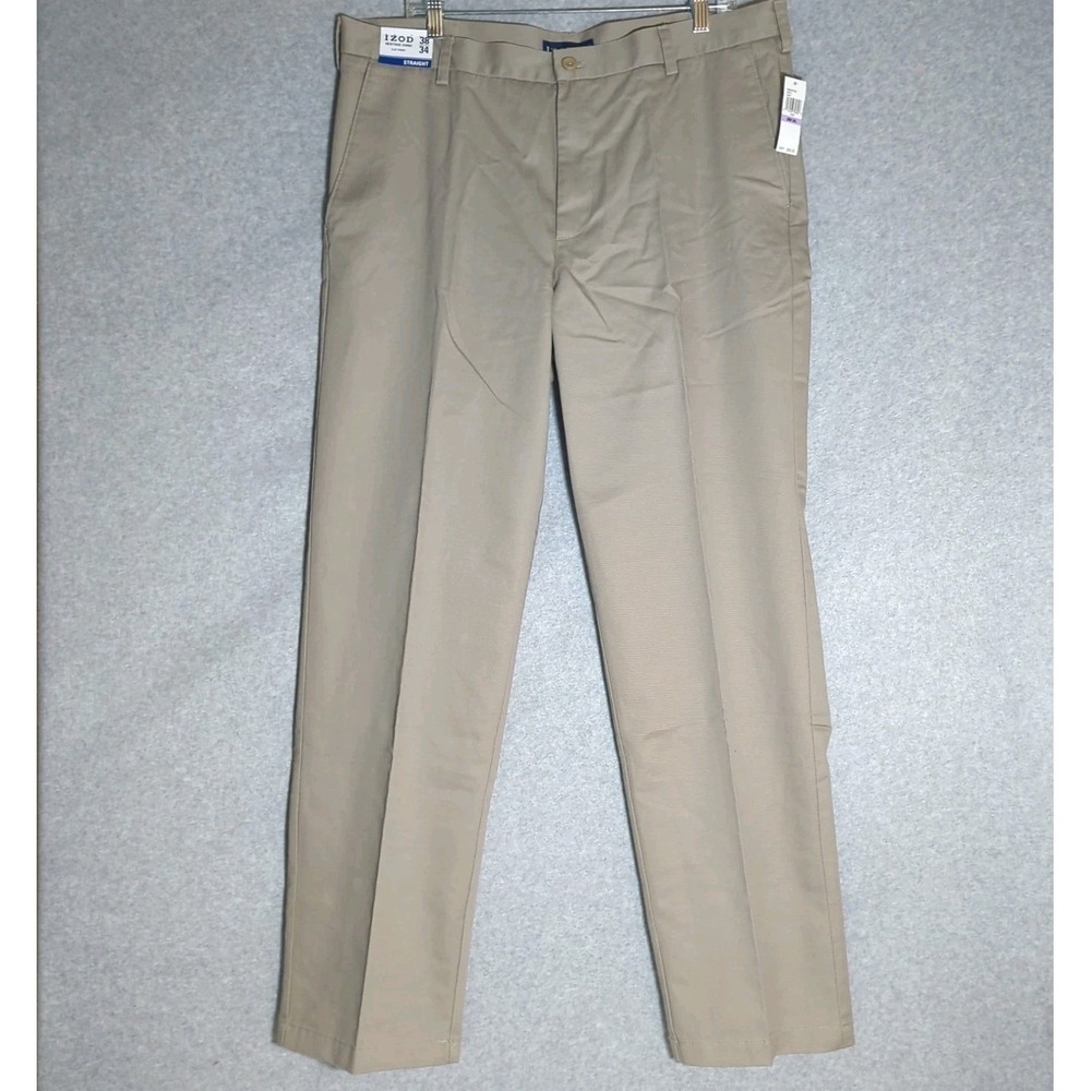 Izod Heritage Chino Pants Mens 38x34 Beige Straight Fit Flat Front Wrinkle Free